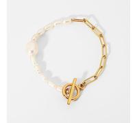 OdDdot 18K Gold Plated Stainless Steel Bracelet Necklace For Women Half Freshwater Pearl Half Chain OT Stick Buckle Chokers Jewelry