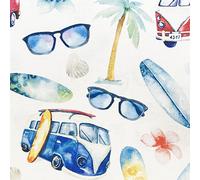 Oddies Cotton Fabric - Surfs Up! Camper Van Surf Board Palm Trees Print - Craft Fabric Material Metre, Blue, 60'' Wide (5922)