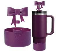 Oddyami Cup Accessories Set for Stanley,Including 1Pcs Cute Bow Straw Cover Caps 10mm Reusable Straw Toppers,1Pcs Silicone Boot Sleeve for Stanley Quencher H2.0 Tumbler with Handle 30&40oz, Plum