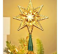 ODEETRONIC Christmas Star Tree Topper, 8in 120V UL Certified Double Sided 8-Point Star Christmas Treetop Lights, Warm White Lights Indoor Outdoor Star Treetop for Xmas Home Party Wedding Decor, Gold