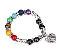ODETOJOY 10mm Beads Yoga Balancing Reiki Healing Bracelet 7 Chakra Antique Silver Colour Hollow Heart Bracelet for Women