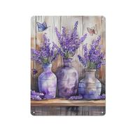 ODHHGDF Rustic Metal Tin Sign Lavender Wall Art Floral Bedroom Wall Decor Purple Lavender And Butterfly Pictures Flowers In A Vase Painting Prints Bathroom Farmhouse Decor 12x16 Inch