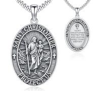 Odinstone St christopher Necklace for Men Saint Christopher Pendant 925 Sterling Silver Protect Us Medal Protection Amulet Catholic Jewellery Religious Gift for Women Boys Oval Patron Necklaces