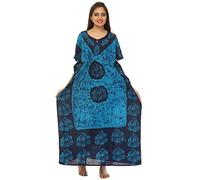 Odishabazaar Batik Cover up Dress Kaftan Long Beach Cap Sleeves Cotton Gown Maxi (Blue-Blue)