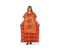 Odishabazaar Cotton Batik New Indian Kaftan Plus Size Women Dress Caftan Boho Hippy Beach Cover Up, Yellow-red, One Size