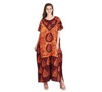 Odishabazaar Cotton Kaftan Dress Maxi Long Tunic Batik One Size, Yellow-brown, One size