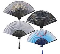 OdiuK 4 PCS Hand Fan Folding for Women, Fabric Hand Fan with Tassel Chinese Bamboo Handheld Folding Fan, Wedding Manual Fans for Halloween Dancing Party Cosplay Wall Decoration (Dark color)
