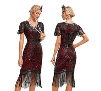 Odizli 1920s Dresses for Women Vintage Great Gatsby Flapper Fancy Costume Ruffle Short Sleeve Sparkle Sequins Fringe Tassel Art Deco Cocktail Evening Dance Party Prom Ball Gown Plus Size Black Red XXL