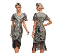 Odizli 1920s Dresses for Women Vintage Great Gatsby Flapper Fancy Costume Ruffle Short Sleeve Sparkle Sequins Fringe Tassel Cocktail Evening Dance Party Prom Ball Gown Plus Size Gold Black L