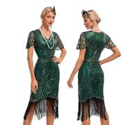 Odizli 1920s Dresses for Women Vintage Great Gatsby Flapper Fancy Costume Ruffle Short Sleeve Sparkle Sequins Fringe Tassel Art Deco Cocktail Evening Dance Party Prom Ball Gown Plus Size Green XL