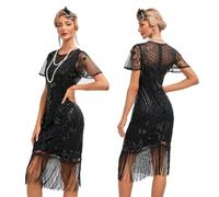Odizli 1920s Dresses for Women Vintage Great Gatsby Flapper Fancy Costume Ruffle Short Sleeve Sparkle Sequins Fringe Tassel Art Deco Cocktail Evening Dance Party Prom Ball Gown Plus Size Black 4XL