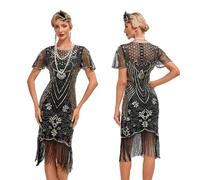 Odizli 1920s Dresses for Women Vintage Great Gatsby Flapper Fancy Costume Ruffle Short Sleeve Sparkle Sequins Fringe Tassel Cocktail Evening Dance Party Prom Ball Gown Plus Size Black Gold L