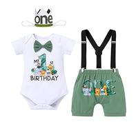 Odizli 1st Birthday Outfit Boys Baby Safari Wild One Jungle Animal Short Sleeve Romper+Suspenders Shorts +Crown First 1 Year Old Birthday Gifts Cake Smash Photo Shoot Clothes Green Animal 6-12 Months