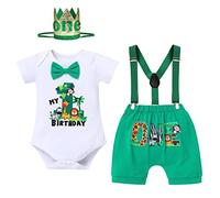 Odizli 1st Birthday Outfit Boys Baby Safari Wild One Jungle Animal Short Sleeve Romper+Suspenders Shorts +Crown First 1 Year Old Birthday Gifts Cake Smash Photo Shoot Clothes Green Jungle 12-18 Months