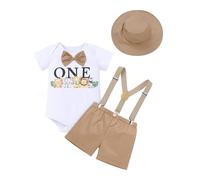 Odizli 1st Birthday Outfit Boys Baby Safari Wild One Jungle Lion Animal Short Sleeve Romper+Suspenders Shorts +Hat First 1 Year Old Birthday Gifts Cake Smash Photo Shoot Clothes Khaki One 9-12 Months