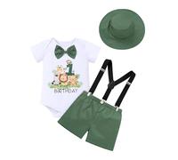 Odizli 1st Birthday Outfit Boys Baby Safari Wild One Jungle Lion Animal Short Sleeve Romper+Suspenders Shorts +Hat First 1 Year Old Birthday Gifts Cake Smash Photo Shoot Clothes Green 1st 9-12 Months