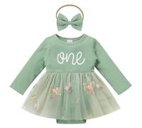 Odizli 1st Birthday Outfit Girl Baby Autumn Winter Long Sleeve One Ribbed Romper Tulle Dress+Headband First 1 Year Old Gifts Presents Cake Smash Decorations Photo Shoot Clothes Green 9-12 Months
