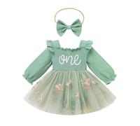 Odizli 1st Birthday Outfit Girl Baby Fall Winter Cotton Long Sleeve One Embroidery Flower Romper Tulle Dress+Headband First 1 Year Old Gifts Presents Cake Smash Photo Shoot Clothes Green 9-12 Months