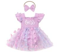 Odizli 1st Birthday Outfit Girl Baby Summer Cotton Flutter Short Sleeve One Embroidery Romper Tulle Dress+Headband First 1 Year Old Gifts Cake Smash Photo Shoot Clothes Purple Butterfly 9-12 Months