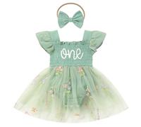 Odizli 1st Birthday Outfit Girl Baby Summer Cotton Flutter Short Sleeve One Embroidery Romper Tulle Dress+Headband First 1 Year Old Gifts Cake Smash Photo Shoot Clothes Green Embroidery 12-18 Months