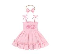 Odizli 1st Birthday Outfit Girl Baby Summer Spaghetti Strap Embroidered One Cotton Ruffle Romper Dress+Headband First 1 Year Old Birthday Gifts Cake Smash Photo Shoot Clothes Pink One 12-18 Months