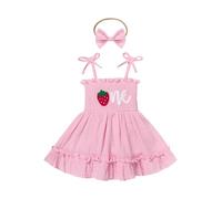 Odizli 1st Birthday Outfit Girl Baby Summer Spaghetti Strap One Cotton Ruffle Romper Dress+Headband First 1 Year Old Birthday Gifts Cake Smash Photo Shoot Clothes Pink Strawberry 12-18 Months