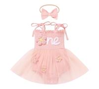 Odizli 1st Birthday Outfit Girl Baby Summer Spaghetti Straps Boho One Embroidered Tulle Romper Dress+Headband First 1 Year Birthday Gifts Cake Smash Photo Shoot Clothes Pink Flowers 12-18 Months