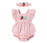 Odizli 1st Birthday Outfit Girl Baby Summer Sweet Flutter Sleeve Striped One Romper Overalls Bodysuit Onesie First 1 Year Birthday Gifts Cake Smash Photo Shoot Clothes Pink Strawberry 9-12 Months