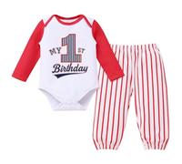 Odizli 1st First Birthday Outfit Baby Boy Rookie Baseball Fall Winter Long Sleeve Romper + Striped Pants Trousers Clothes Set One 1 Year Old Cake Smash Gifts Photo Props Shoot Red 12-18 Months