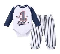 Odizli 1st First Birthday Outfit Baby Boy Rookie Baseball Fall Winter Long Sleeve Romper + Striped Pants Trousers Clothes Set One 1 Year Old Cake Smash Gifts Photo Props Shoot Blue 12-18 Months