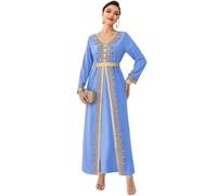 ODIZLI Abaya Dress for Women Dubai Sadui Bead Moroccan Kaftan Fancy Eid Dress, Light Blue, M