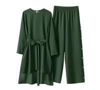 ODIZLI Abayas Dress For Women Muslim Long Sleeve Loose Top Pants 2 Pcs Dubai Islamic Muslim Women Matching Sets, Dark Green C, M