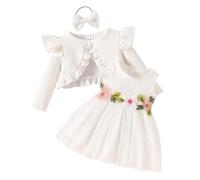 Odizli Baby Girl Clothes Autumn Winter Long Sleeve Bolero Cardigan+Floral Sleeveless Knit Dress+Headband 1st First Birthday Cake Smash Outfit Tiny New Born Set Newborn Essentials White 3-6 Months