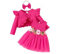 Odizli Baby Girl Clothes Autumn Winter Long Sleeve Bolero Cardigan+Floral Sleeveless Knit Dress+Headband 1st First Birthday Cake Smash Outfit Tiny New Born Set Newborn Essentials Rose Red 6-9 Months