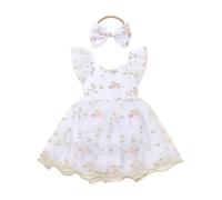 Odizli Baby Girl Clothes Summer Flutter Sleeve Mesh Floral Embroidered Tulle Tutu Romper Dress + Headband 1st First Birthday Cake Smash Outfit Newborn Essentials Set Photo Shoot White 9-12 Months