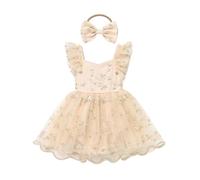 Odizli Baby Girl Summer Flutter Sleeve Mesh Floral Embroidered Tulle Romper Dress + Headband Birthday Cake Smash Outfit