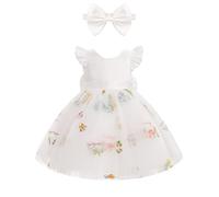 Odizli Baby Girls' Dresses Toddler Summer Flutter Sleeve Princess Tulle Tutu+Headband First 1st Birthday Cake Smash Outfit Christening Wedding Prom Party Clothes Photoshoot White Floral 9-12 Months