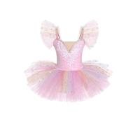 Odizli Ballerina Costume for Girls Kids Flutter Sleeve Lace Glitter Sequins Rainbow Tulle Tutu Skirt Gymnastic Leotard Outfit Swan Lake Dance Dress Skating Team Ballet Clothing Pink 13-14 Years