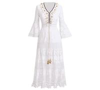Odizli Beach Dresses for Women UK Sexy V Neck Backless Boho Bohemian Floral Lace Crochet Ruffle Summer Wedding Party Vacation Casual Long Maxi Dress Beachwear Cover Up Coverups Plus Size White 05 M