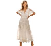 Odizli Beach Dresses for Women UK Sexy V Neck Backless Boho Bohemian Floral Lace Crochet Ruffle Summer Wedding Party Vacation Casual Long Maxi Dress Beachwear Cover Up Coverups Plus Size White 04 3XL