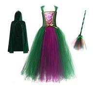 Odizli Children Kids Girls Sanderson Sisters Witch Tulle Dress Witches Broom Witches Hat Cloak Cape World Book Day Winnifred 6-7 Years