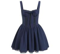 Odizli Corset Dress Women Summer Elegant Sexy Sleeveless Spaghetti Strap Y2K Bohemian Floral Lace Boho Style Ruffle Bustier Short Mini Dresses Ladies Party Beach Holiday Casual Sundress Dark Blue L