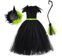 Odizli Elphaba Costume Kids Girls Wicked Evil Queen Witch Fancy Dress Up Crochet Ruffle Tulle Tutu Dress + Hat +Broom 3PCS Outfits World Book Day Halloween Carnival Cosplay Black 3-4 Years