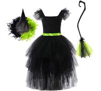 Odizli Elphaba Costume Kids Girls Wicked Evil Queen Witch Fancy Dress Up Crochet Ruffle Tulle Tutu Dress + Hat +Broom 3PCS Outfits World Book Day Halloween Carnival Cosplay Black Green 3-4 Years