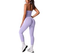 Odizli Gym Sets for Women 2 Piece Halter Neck Backless Seamless Sports Bra Top + High Waisted Scrunch Bums Leggings Co Ord Outfit Ladies Yoga Workout Fitness Running Exercise Activewear Purple XL