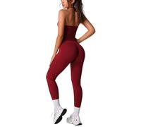 Odizli Gym Sets for Women 2 Piece Halter Neck Backless Seamless Sports Bra Top + High Waisted Scrunch Bums Leggings Co Ord Outfit Ladies Yoga Workout Fitness Running Exercise Activewear Wine Red XS