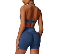 Odizli Gym Sets for Women 2 Piece Ladies Halter Neck High Impact Shock Absorber Sports Bra Top + High Waisted Bike Cycling Shorts Outfit Yoga Workout Fitness Running Exercise Activewear Blue Gray S