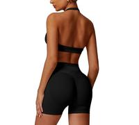 Odizli Gym Sets for Women 2 Piece Ladies Halter Neck High Impact Shock Absorber Sports Bra Top + High Waisted Bike Cycling Shorts Outfit Yoga Workout Fitness Running Exercise Activewear Black S