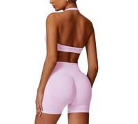 Odizli Gym Sets for Women 2 Piece Ladies Halter Neck High Impact Shock Absorber Sports Bra Top + High Waisted Bike Cycling Shorts Outfit Yoga Workout Fitness Running Exercise Activewear Pink XS