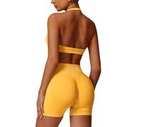 Odizli Gym Sets for Women 2 Piece Ladies Halter Neck High Impact Shock Absorber Sports Bra Top + High Waisted Bike Cycling Shorts Outfit Yoga Workout Fitness Running Exercise Activewear Yellow S